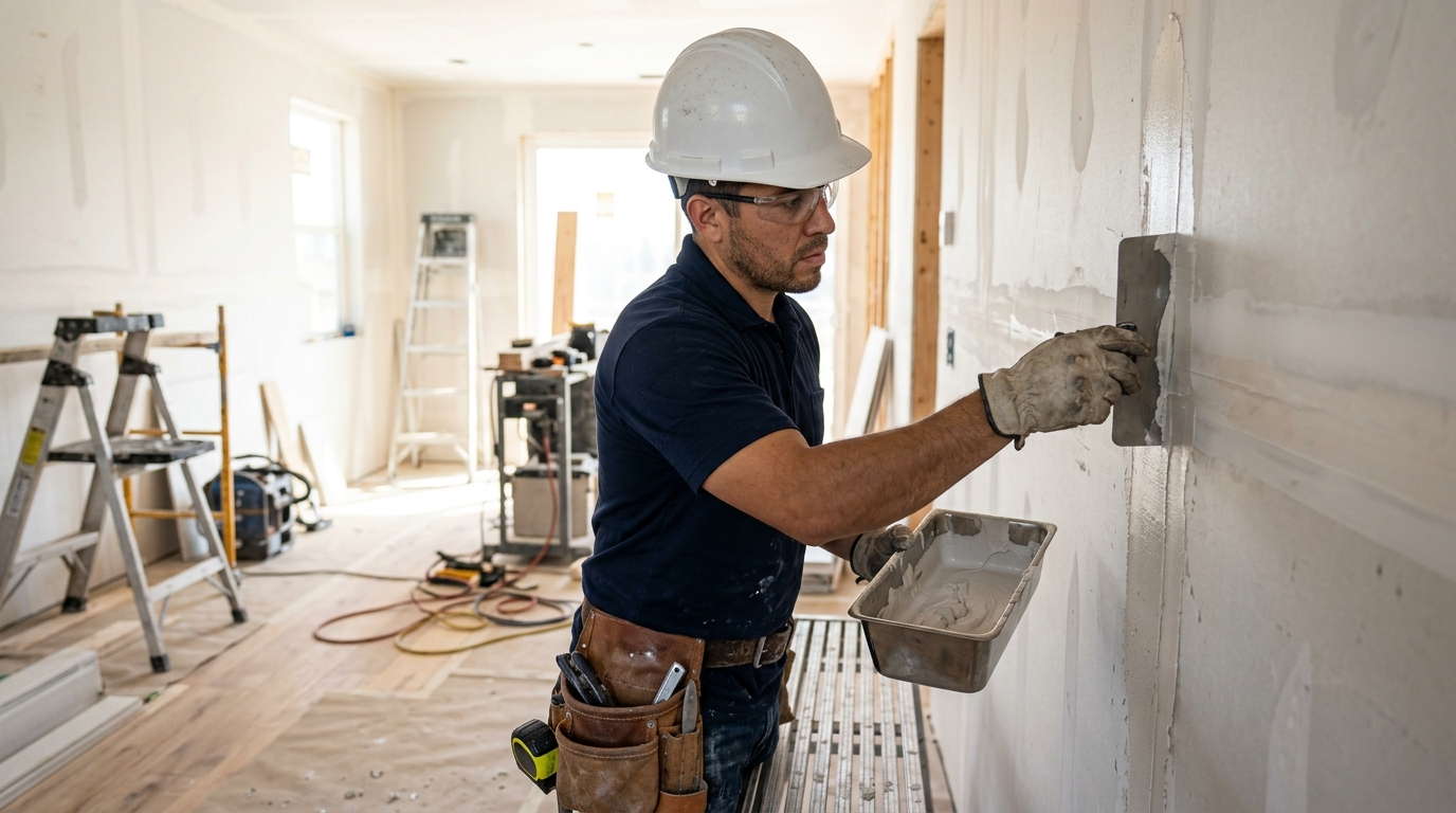 1st Choice Drywall, Inc. professional finisher applying joint compound mud to wall